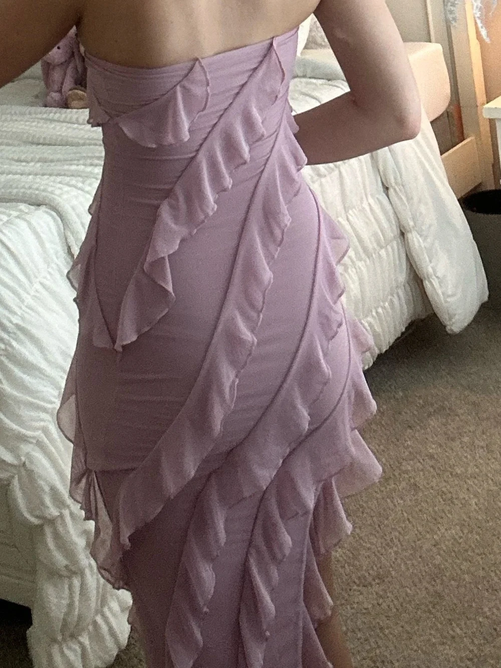 Oh Polly Strapless Ruffle Asymmetric Midi Dress - Dusty Pink - Picture 6 of 6